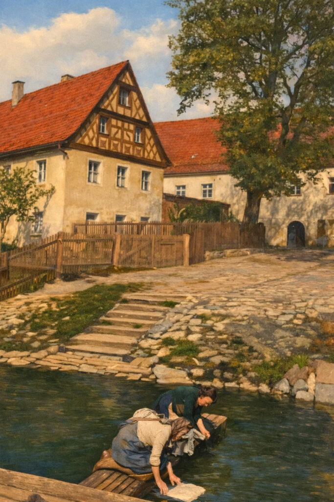 Frauen beim Wäschewaschen in der Kössein, im Hintergrund die Troglauer Mühle und die Brauereigaststätte Am Strand in Marktredwitz